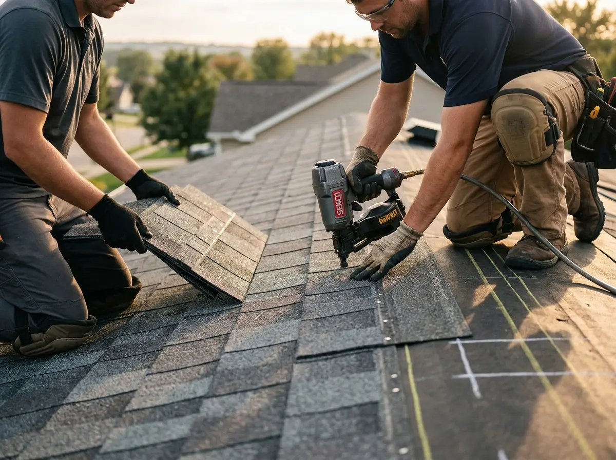 Professional roofer working on a residential roof in Pelican Bay